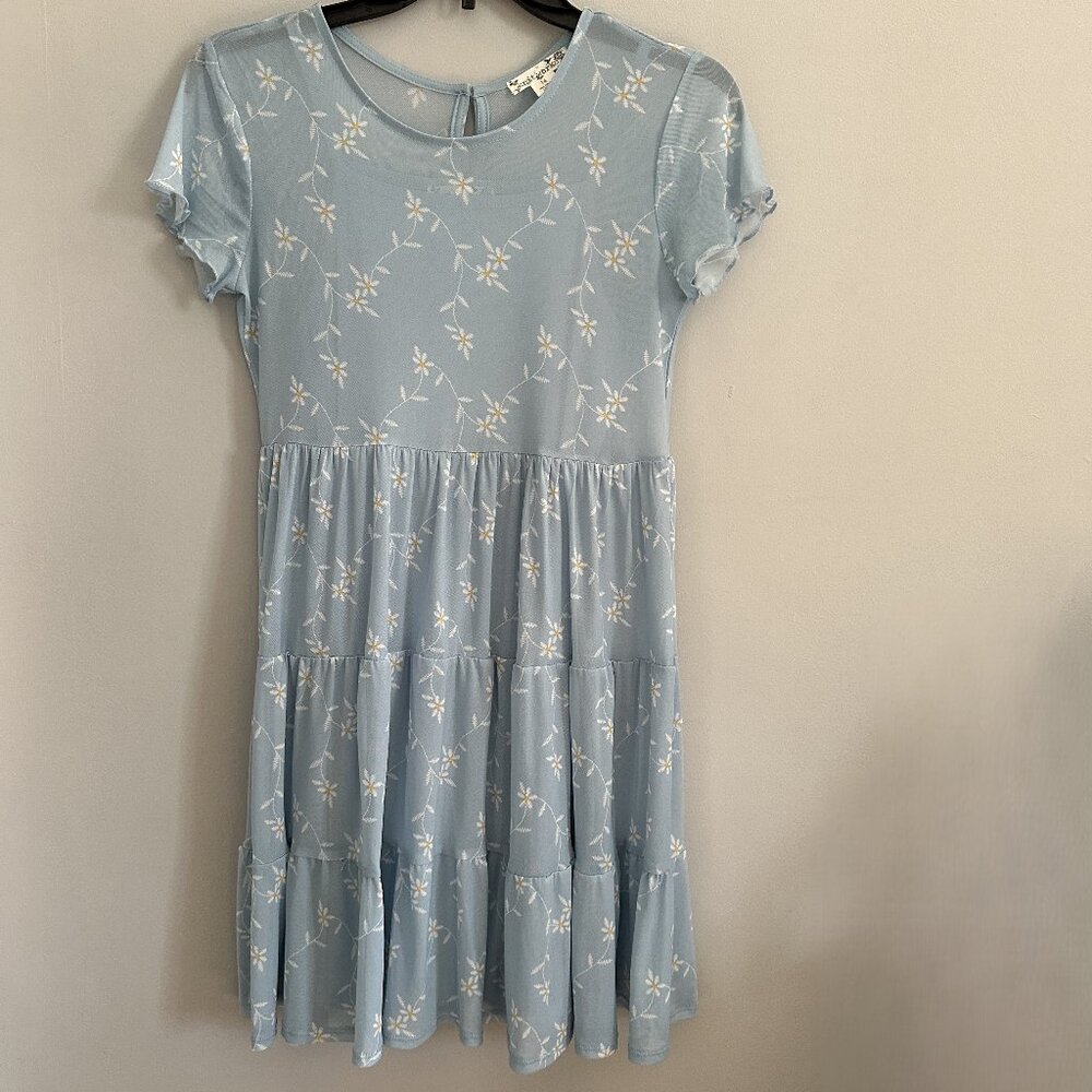 Knitworks Blue Floral Kids Dress with Sheer Overlay Size 14
